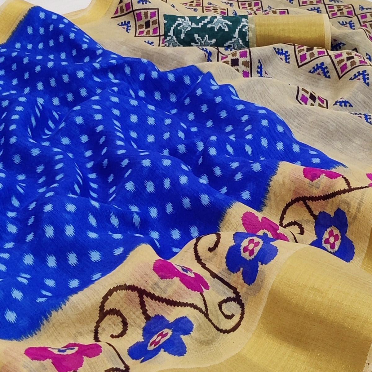 Blue-Cream Casual Wear Printed Cotton Saree With Jari Border