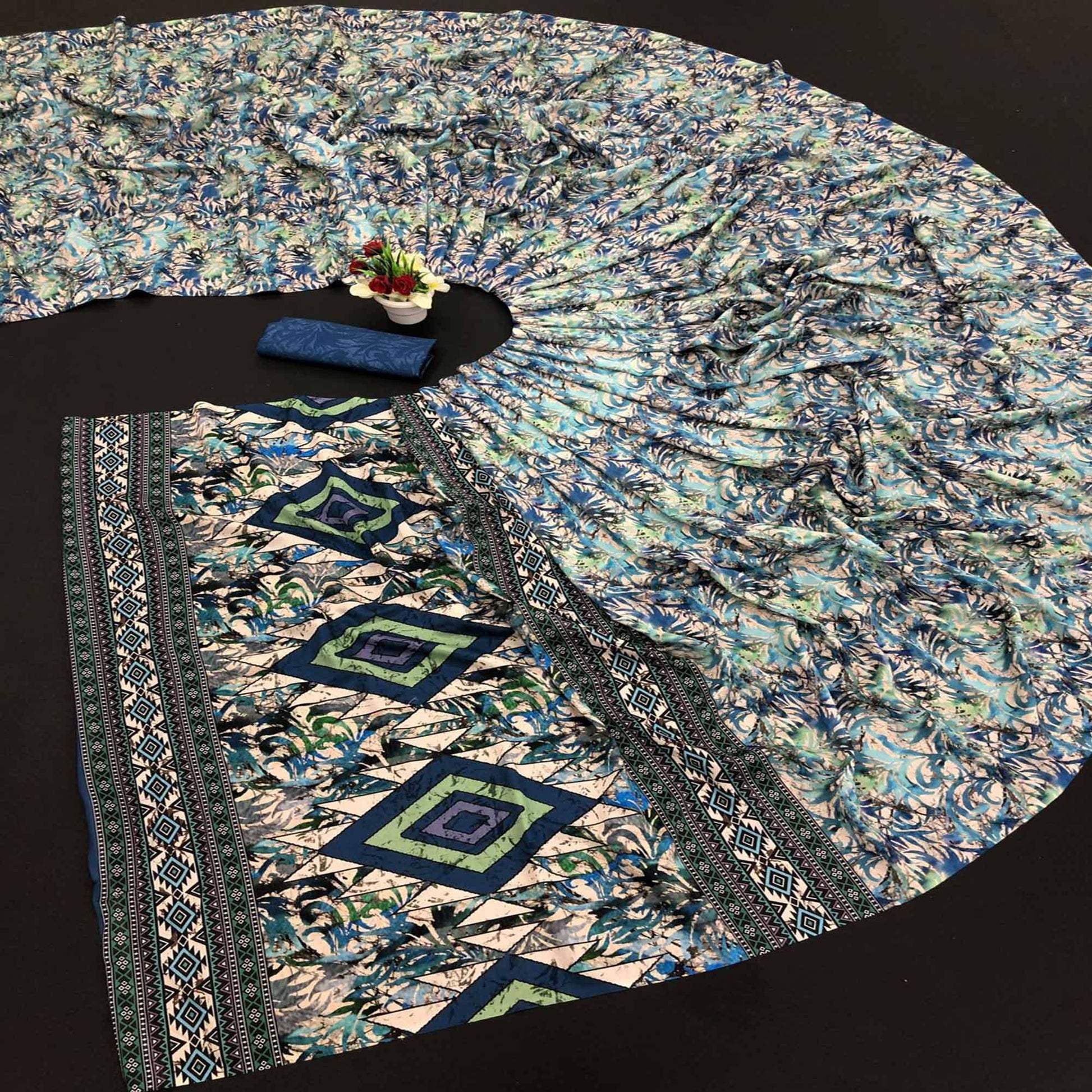 Blue-Cream Digital Printed Vichitra Silk Saree