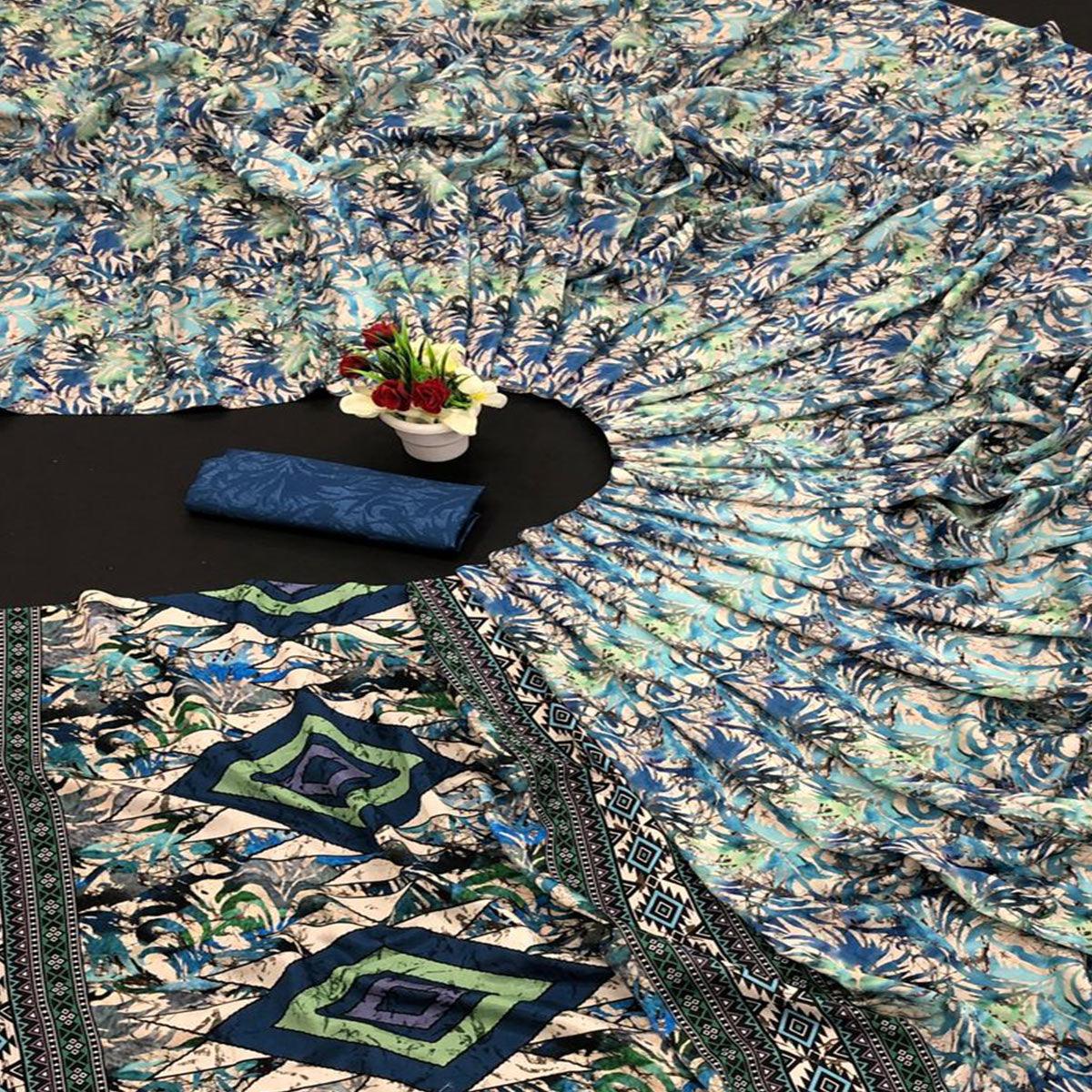 Blue-Cream Digital Printed Vichitra Silk Saree