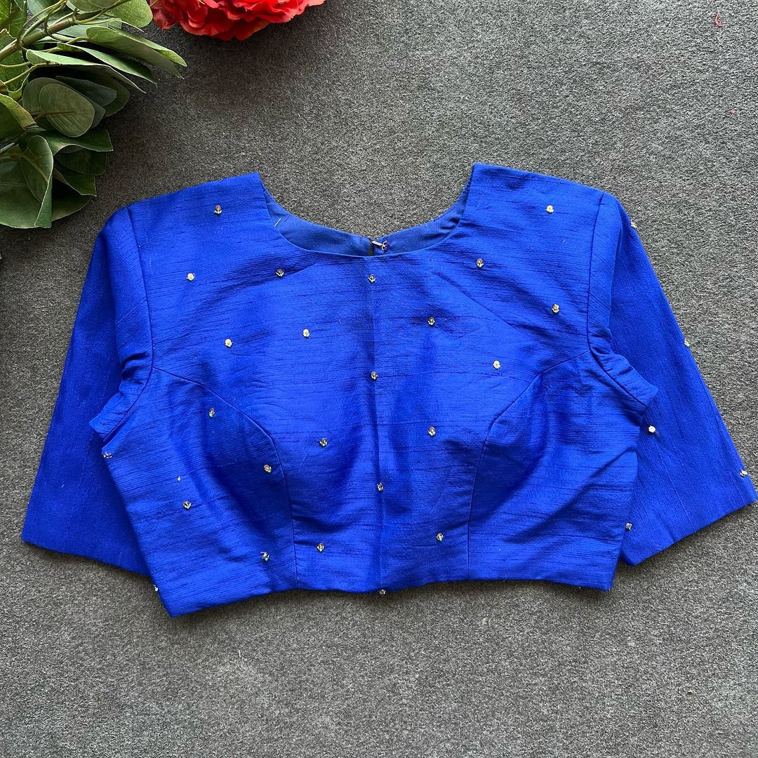 Blue Golden Elegance: Handcrafted Elzara Silk Blouse