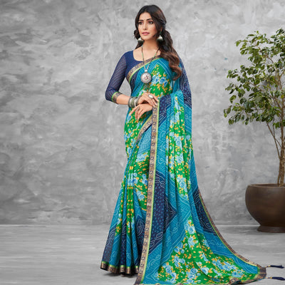 Blue-Green Festive Wear Floral Bandhani Printed Chiffon Saree