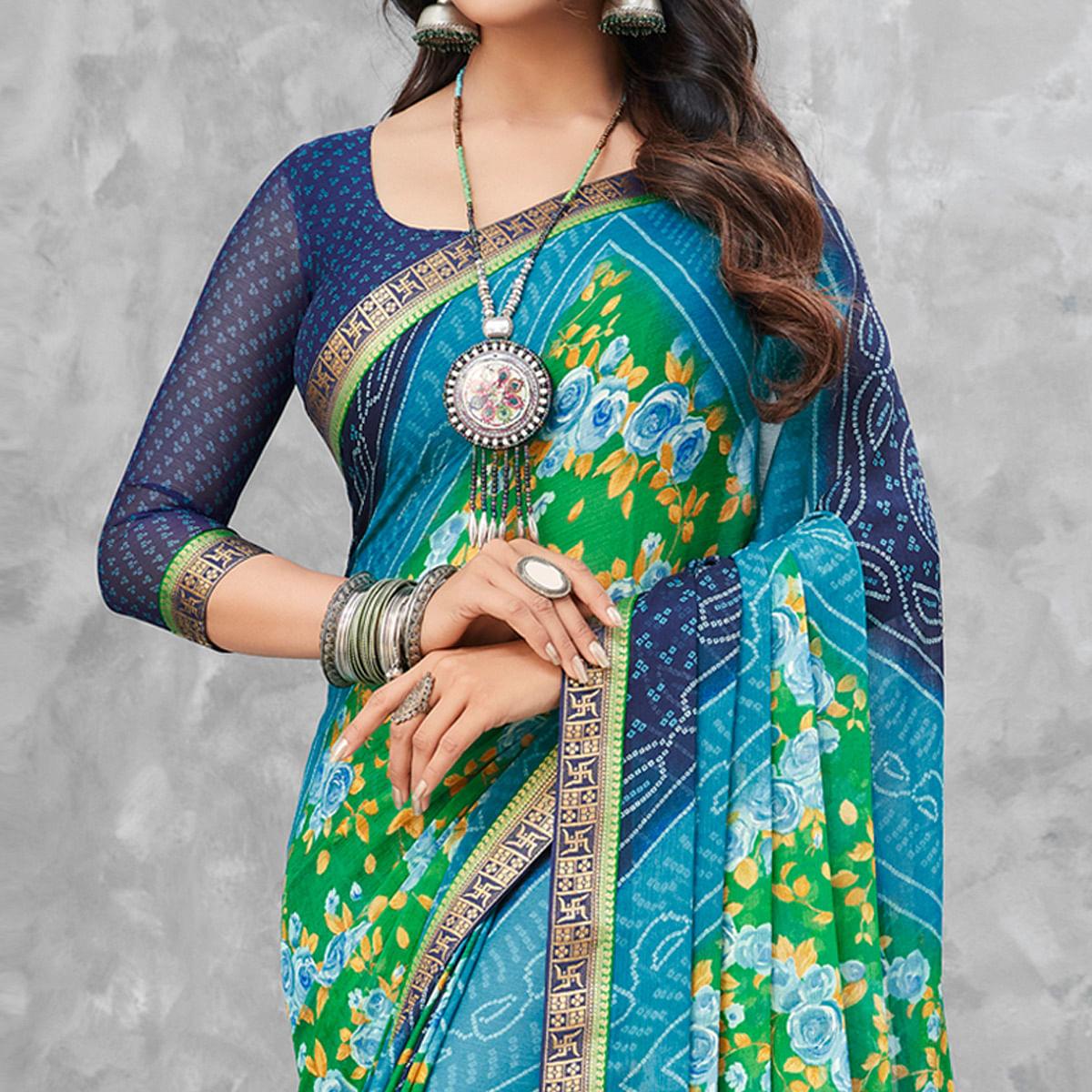 Blue-Green Festive Wear Floral Bandhani Printed Chiffon Saree
