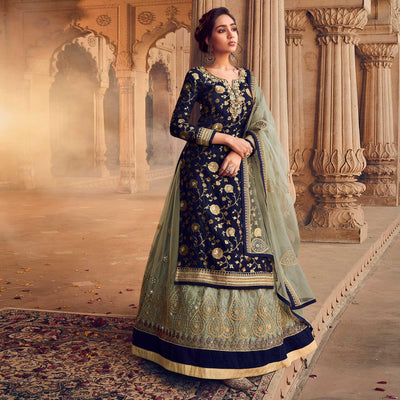 Blue-Green Festive Wear Floral Emboidered With Diamond Net Lehenga Choli