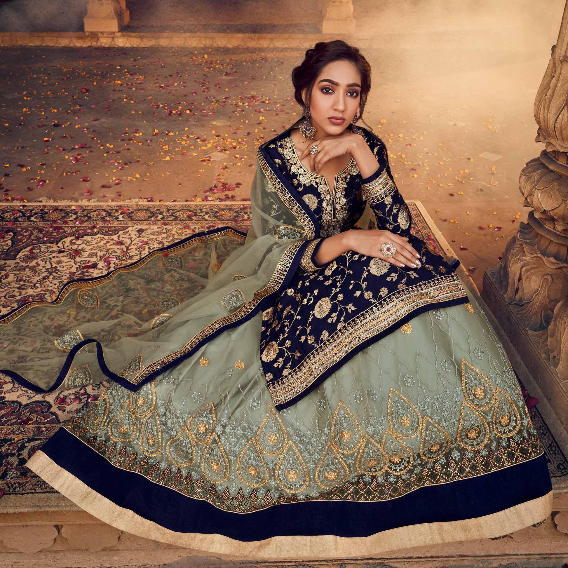 Blue-Green Festive Wear Floral Emboidered With Diamond Net Lehenga Choli