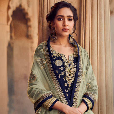 Blue-Green Festive Wear Floral Emboidered With Diamond Net Lehenga Choli