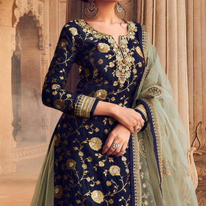Blue-Green Festive Wear Floral Emboidered With Diamond Net Lehenga Choli
