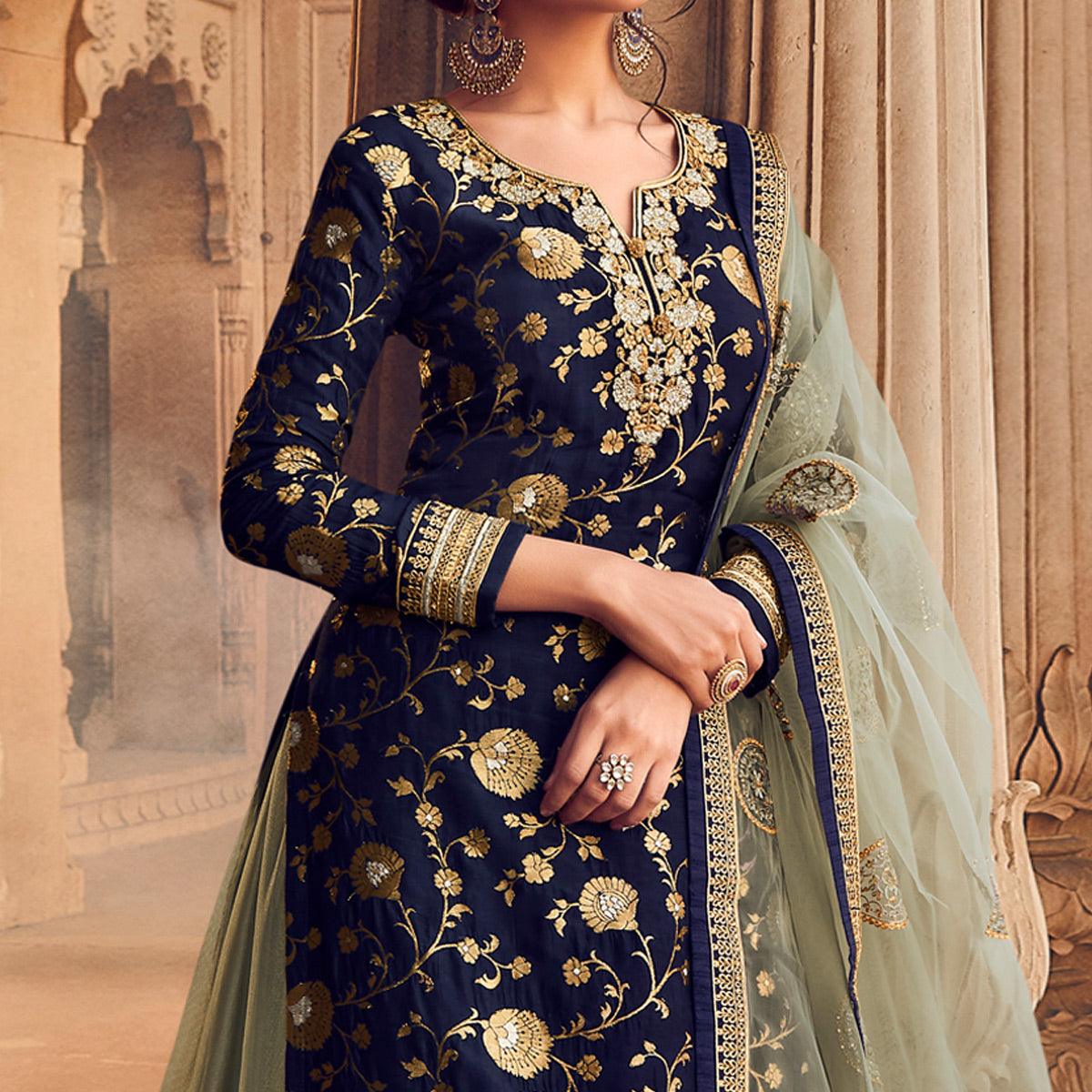 Blue-Green Festive Wear Floral Emboidered With Diamond Net Lehenga Choli