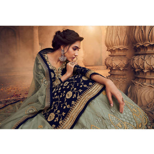 Blue-Green Festive Wear Floral Emboidered With Diamond Net Lehenga Choli
