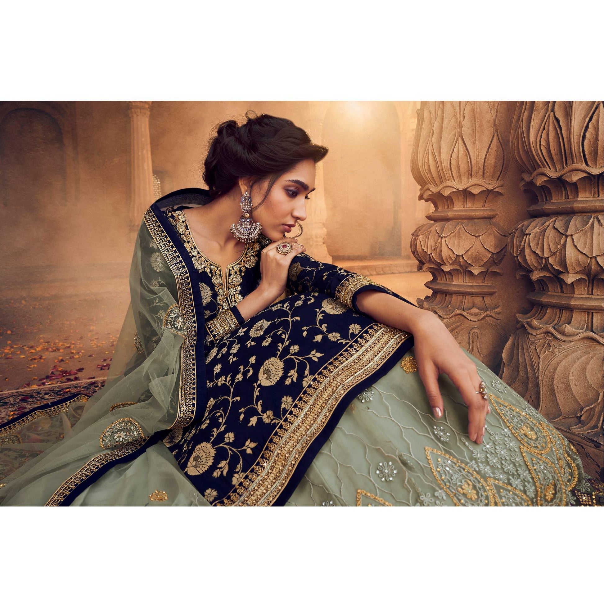 Blue-Green Festive Wear Floral Emboidered With Diamond Net Lehenga Choli