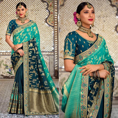 Blue-Green Festive Wear Woven Banarasi Silk Half & Half Saree