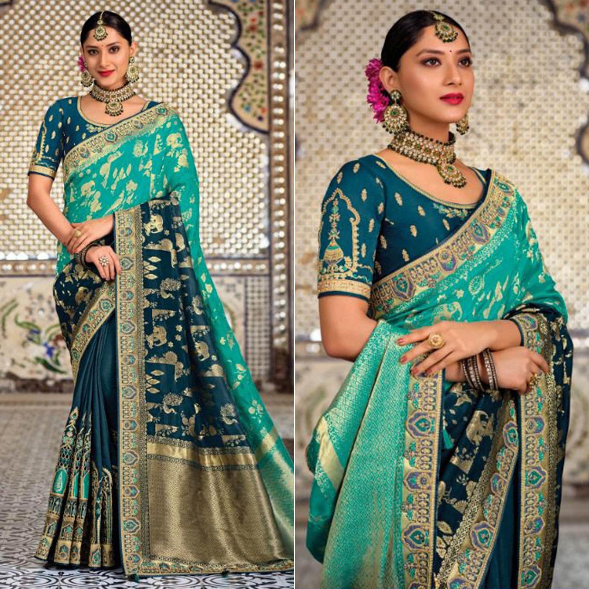 Blue-Green Festive Wear Woven Banarasi Silk Half & Half Saree