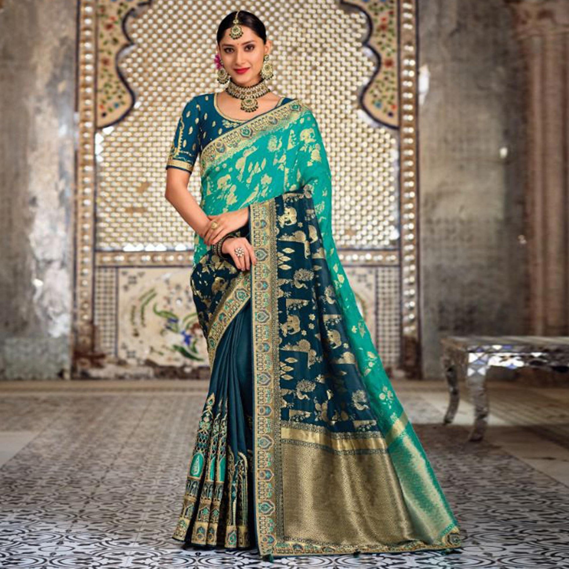 Blue-Green Festive Wear Woven Banarasi Silk Half & Half Saree