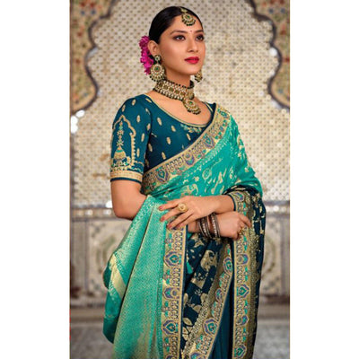 Blue-Green Festive Wear Woven Banarasi Silk Half & Half Saree