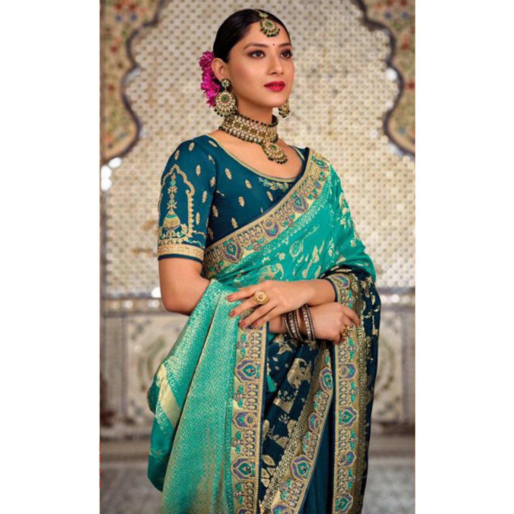 Blue-Green Festive Wear Woven Banarasi Silk Half & Half Saree