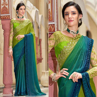Blue-Green Floral Sequins Embroidered Art Silk Saree