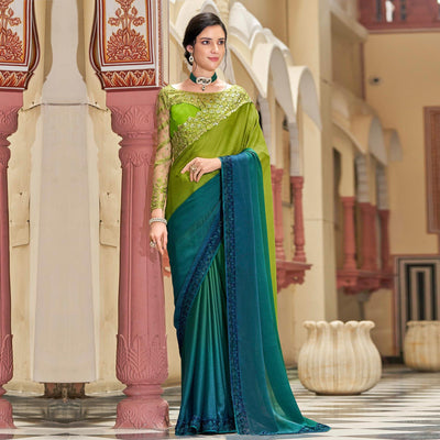 Blue-Green Floral Sequins Embroidered Art Silk Saree