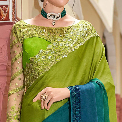 Blue-Green Floral Sequins Embroidered Art Silk Saree