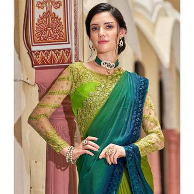 Blue-Green Floral Sequins Embroidered Art Silk Saree