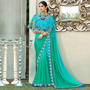 Blue-Green Partywear Designer Embroidery Lace Border Cadbury Chiffon Saree