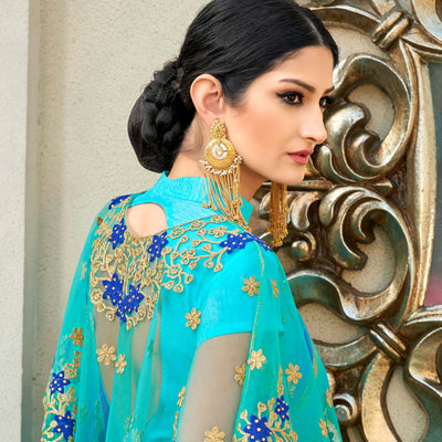 Blue-Green Partywear Designer Embroidery Lace Border Cadbury Chiffon Saree