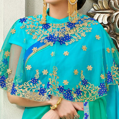 Blue-Green Partywear Designer Embroidery Lace Border Cadbury Chiffon Saree