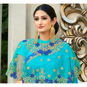 Blue-Green Partywear Designer Embroidery Lace Border Cadbury Chiffon Saree