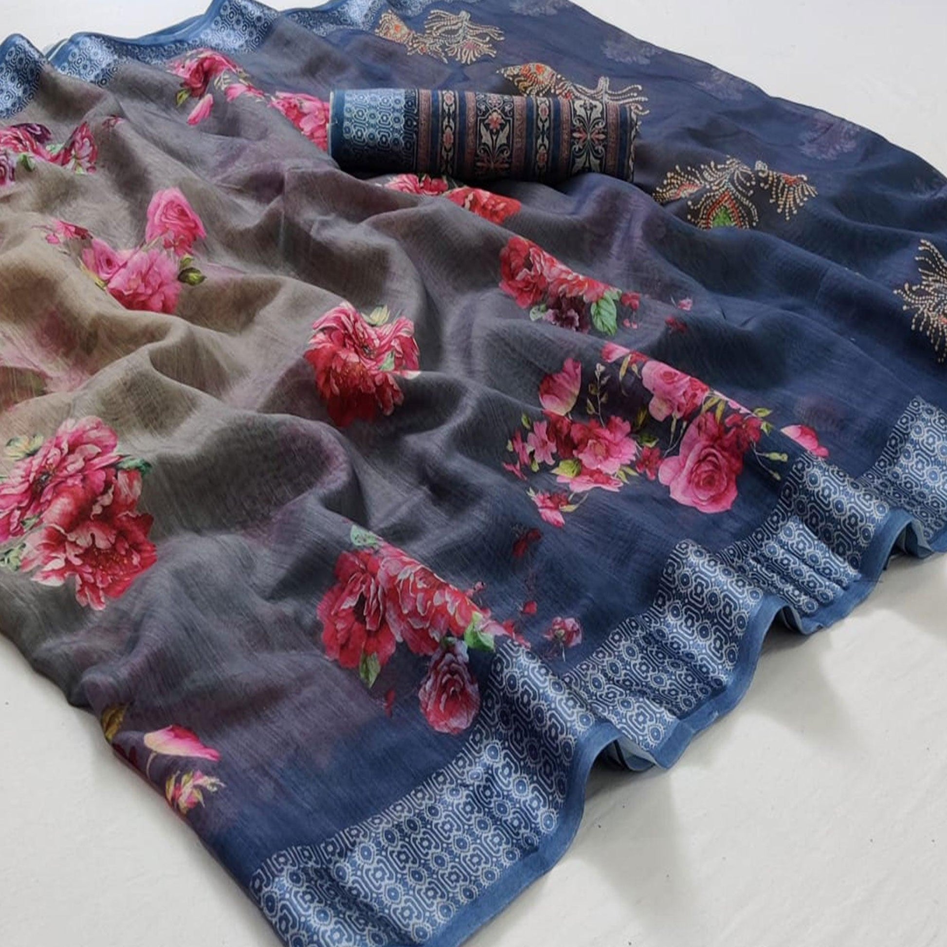 Blue-Grey Casual Wear Floral Digital Printed Linen Saree