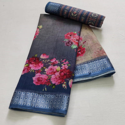 Blue-Grey Casual Wear Floral Digital Printed Linen Saree