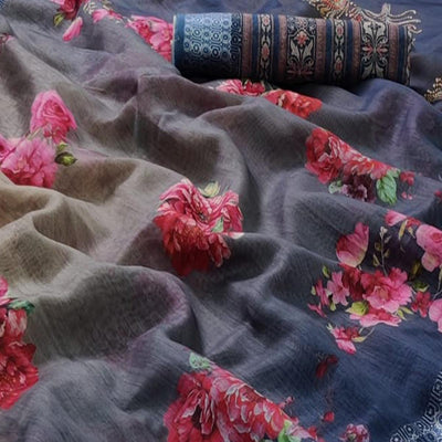 Blue-Grey Casual Wear Floral Digital Printed Linen Saree