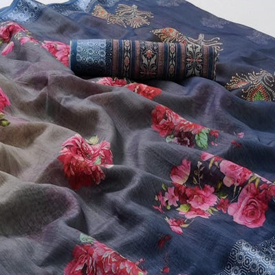 Blue-Grey Casual Wear Floral Digital Printed Linen Saree