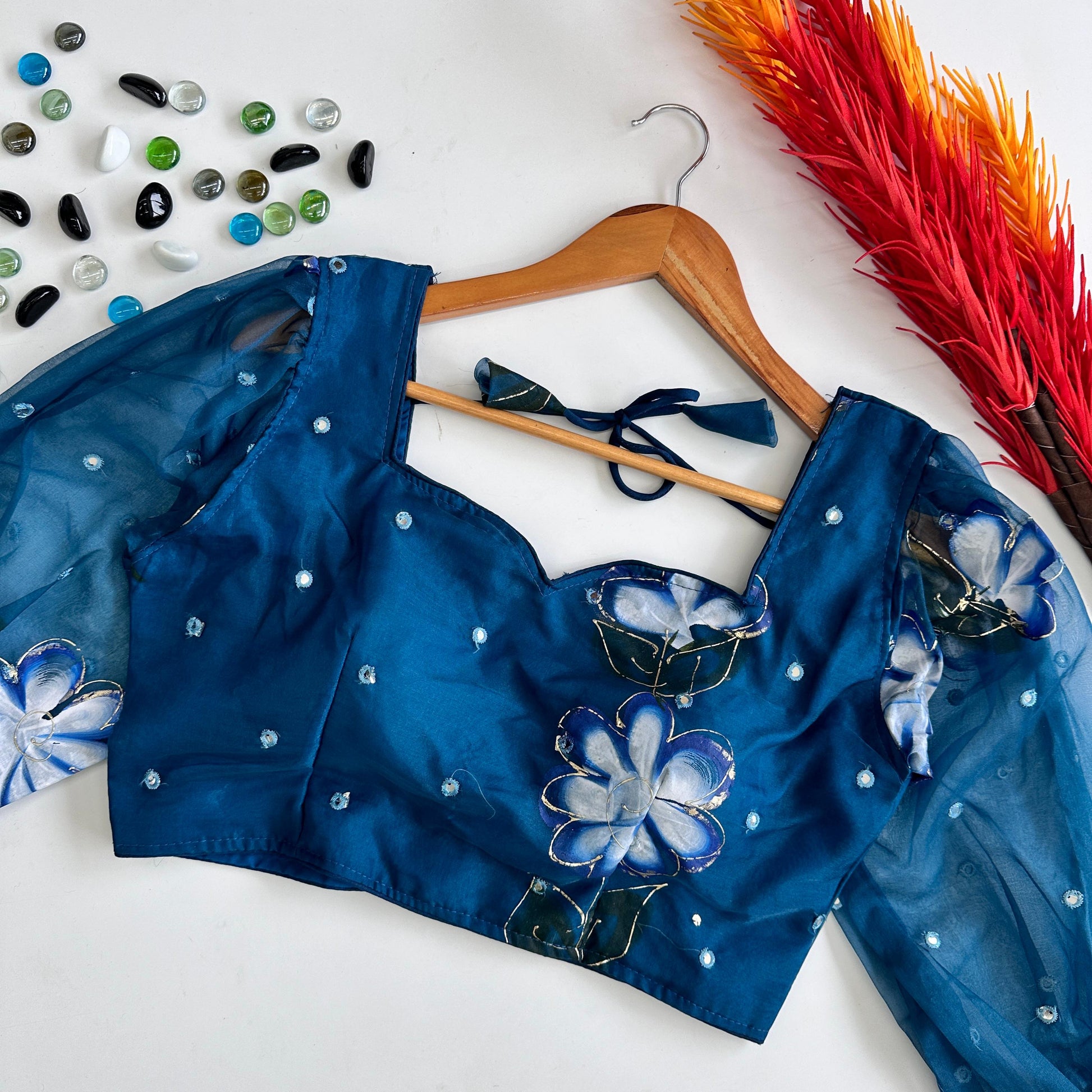Blue Hand-Painted Organza Silk Blouse with Embroidery Accents