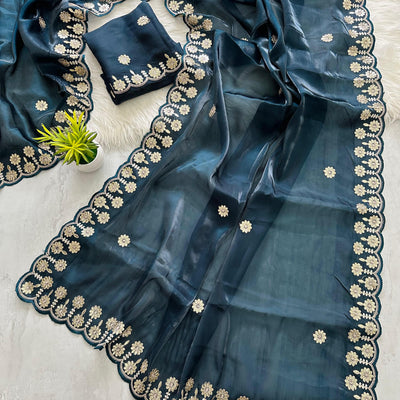 Blue  Jimmy Choo Saree with Beautiful Jaipuri Gota Work – Complete with Matching Running Blouse