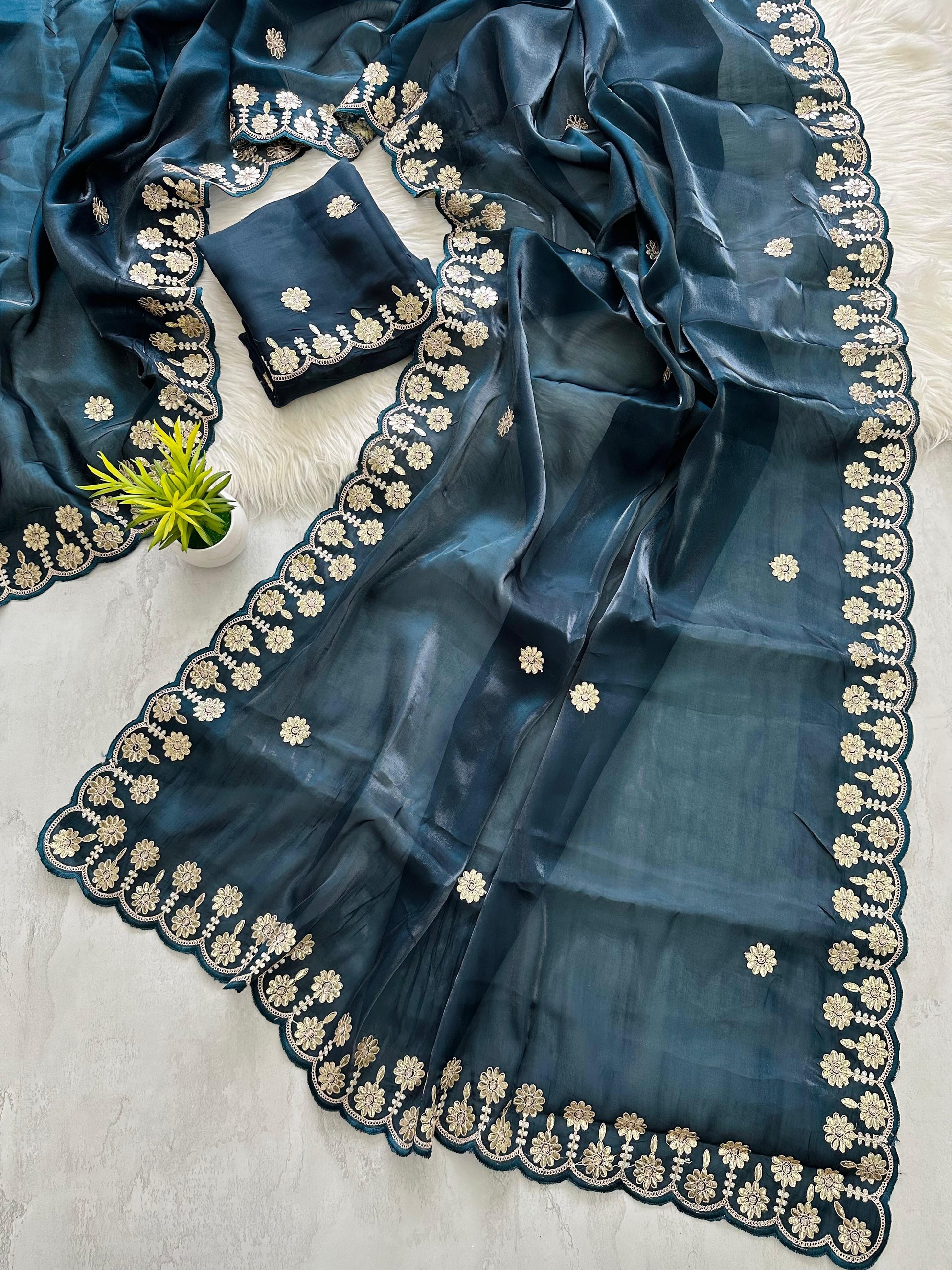 Blue  Jimmy Choo Saree with Beautiful Jaipuri Gota Work – Complete with Matching Running Blouse