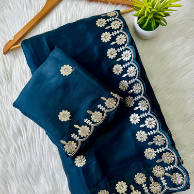 Blue  Jimmy Choo Saree with Beautiful Jaipuri Gota Work – Complete with Matching Running Blouse