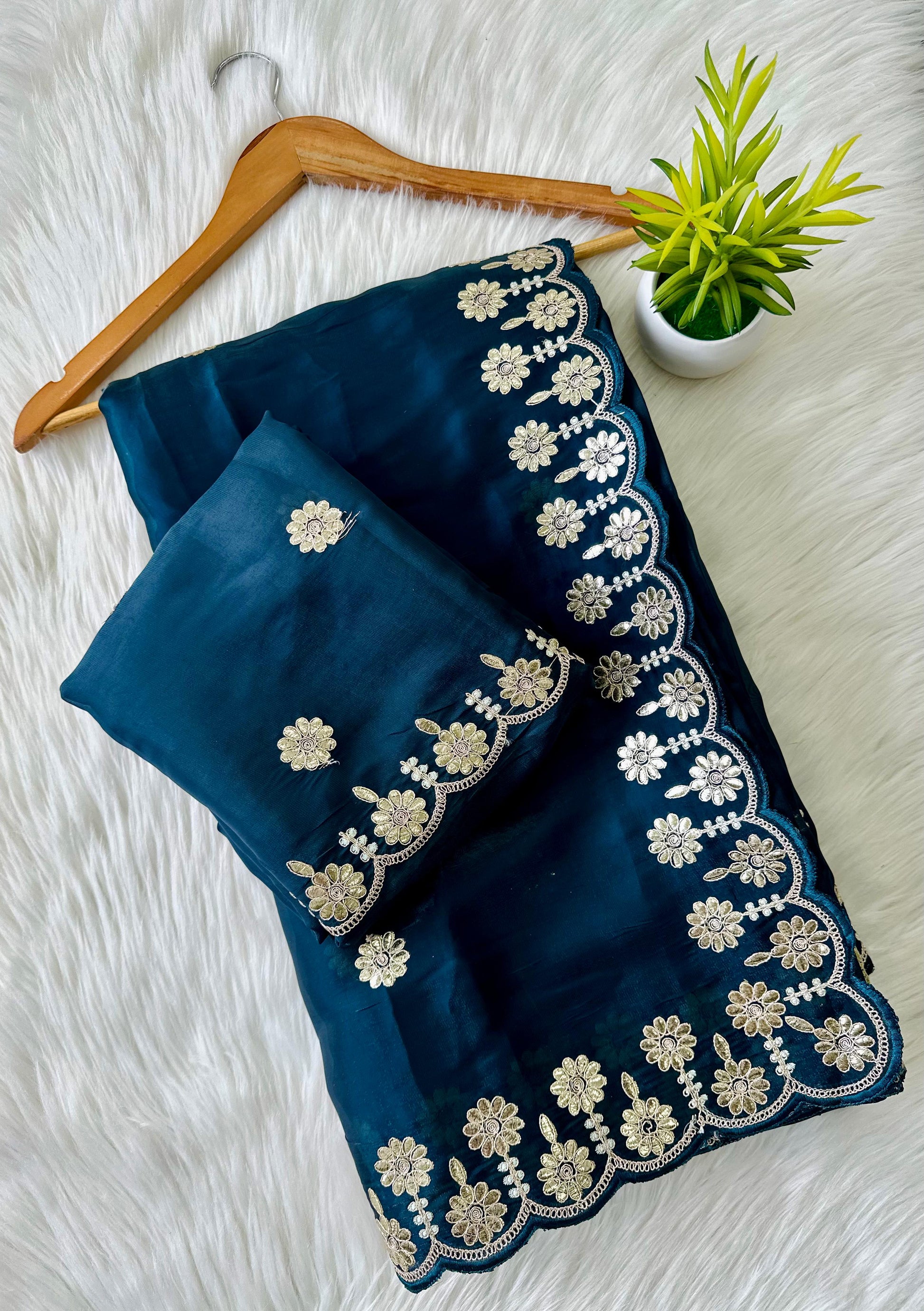 Blue  Jimmy Choo Saree with Beautiful Jaipuri Gota Work – Complete with Matching Running Blouse