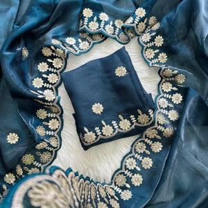 Blue  Jimmy Choo Saree with Beautiful Jaipuri Gota Work – Complete with Matching Running Blouse