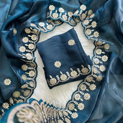 Blue  Jimmy Choo Saree with Beautiful Jaipuri Gota Work – Complete with Matching Running Blouse