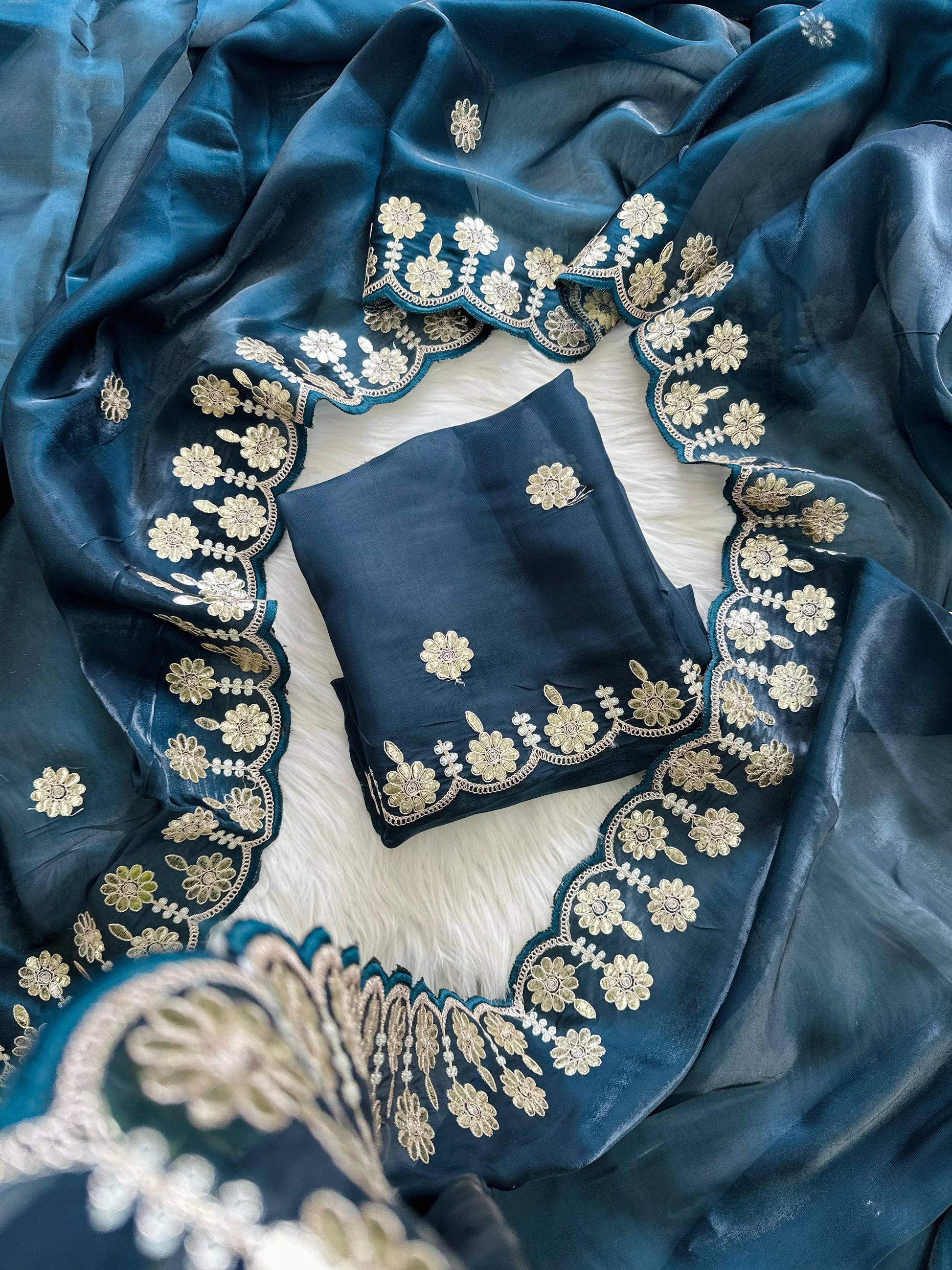 Blue  Jimmy Choo Saree with Beautiful Jaipuri Gota Work – Complete with Matching Running Blouse