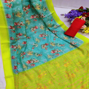 Blue-Lemon Festive Wear Floral Digital Printed With Woven Border Soft Cotton Saree