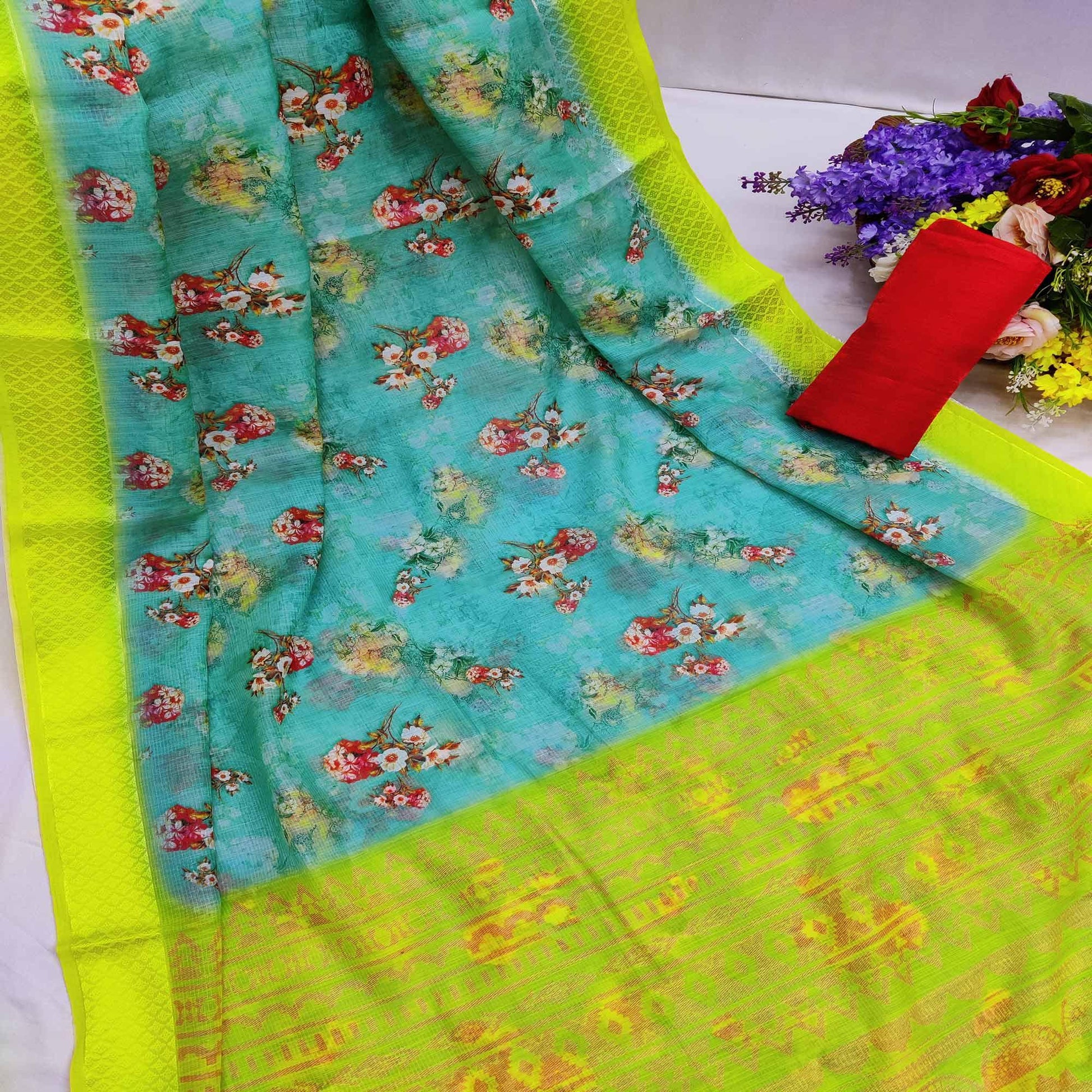 Blue-Lemon Festive Wear Floral Digital Printed With Woven Border Soft Cotton Saree