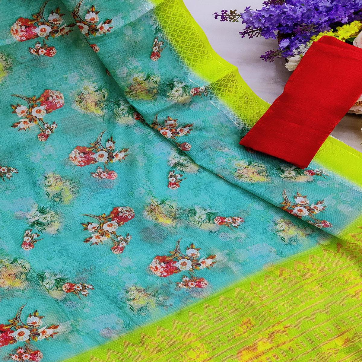 Blue-Lemon Festive Wear Floral Digital Printed With Woven Border Soft Cotton Saree