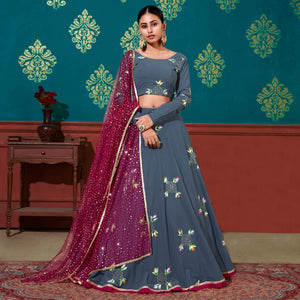Blue-Magenta Wedding Wear Pigment Foil Printed Work Georgette Lehenga Choli