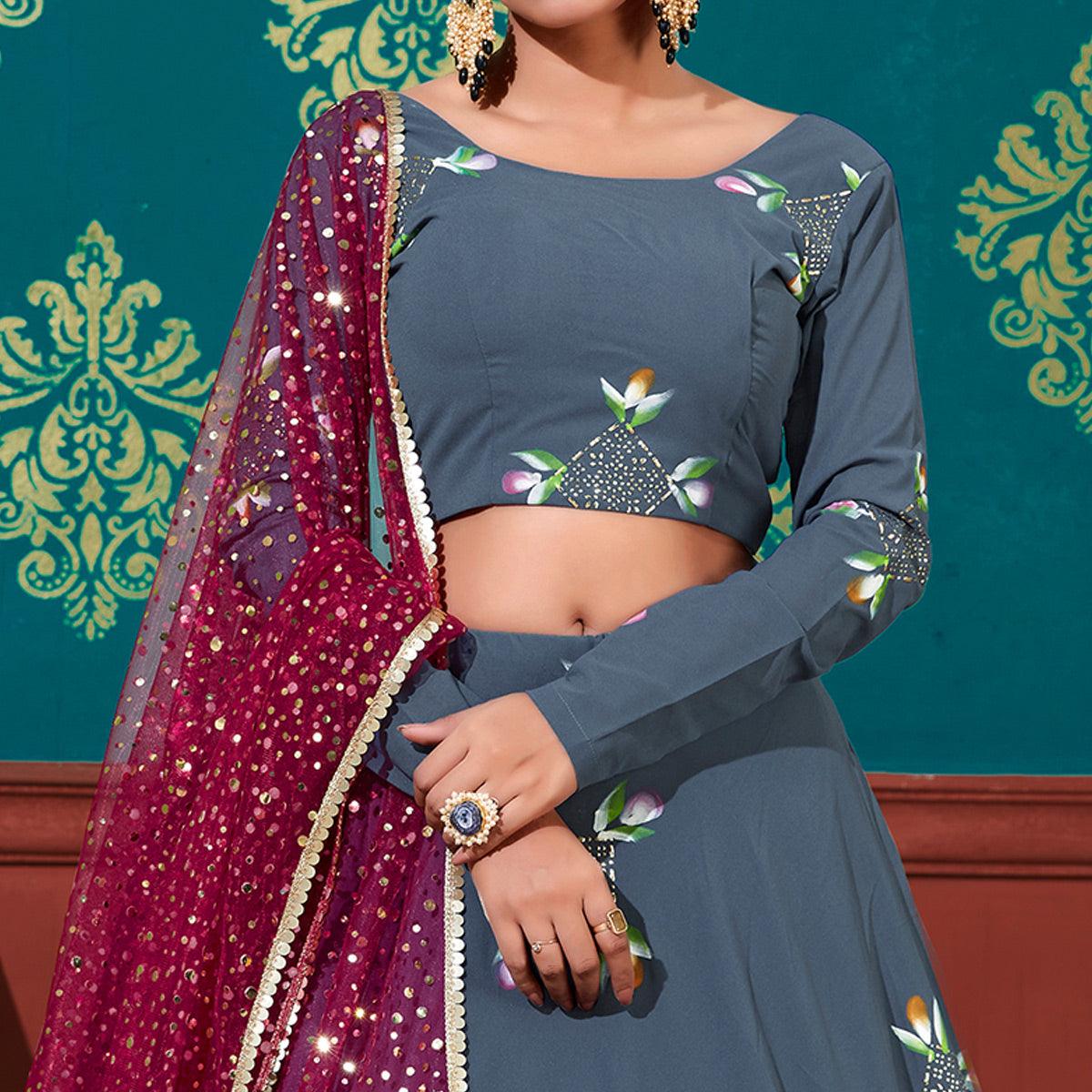 Blue-Magenta Wedding Wear Pigment Foil Printed Work Georgette Lehenga Choli