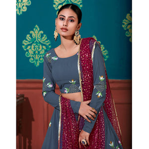 Blue-Magenta Wedding Wear Pigment Foil Printed Work Georgette Lehenga Choli