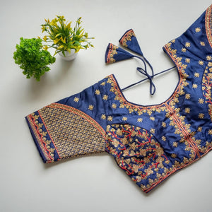 Blue Mulmul Silk Blouse with Golden Embroidery and Sequins
