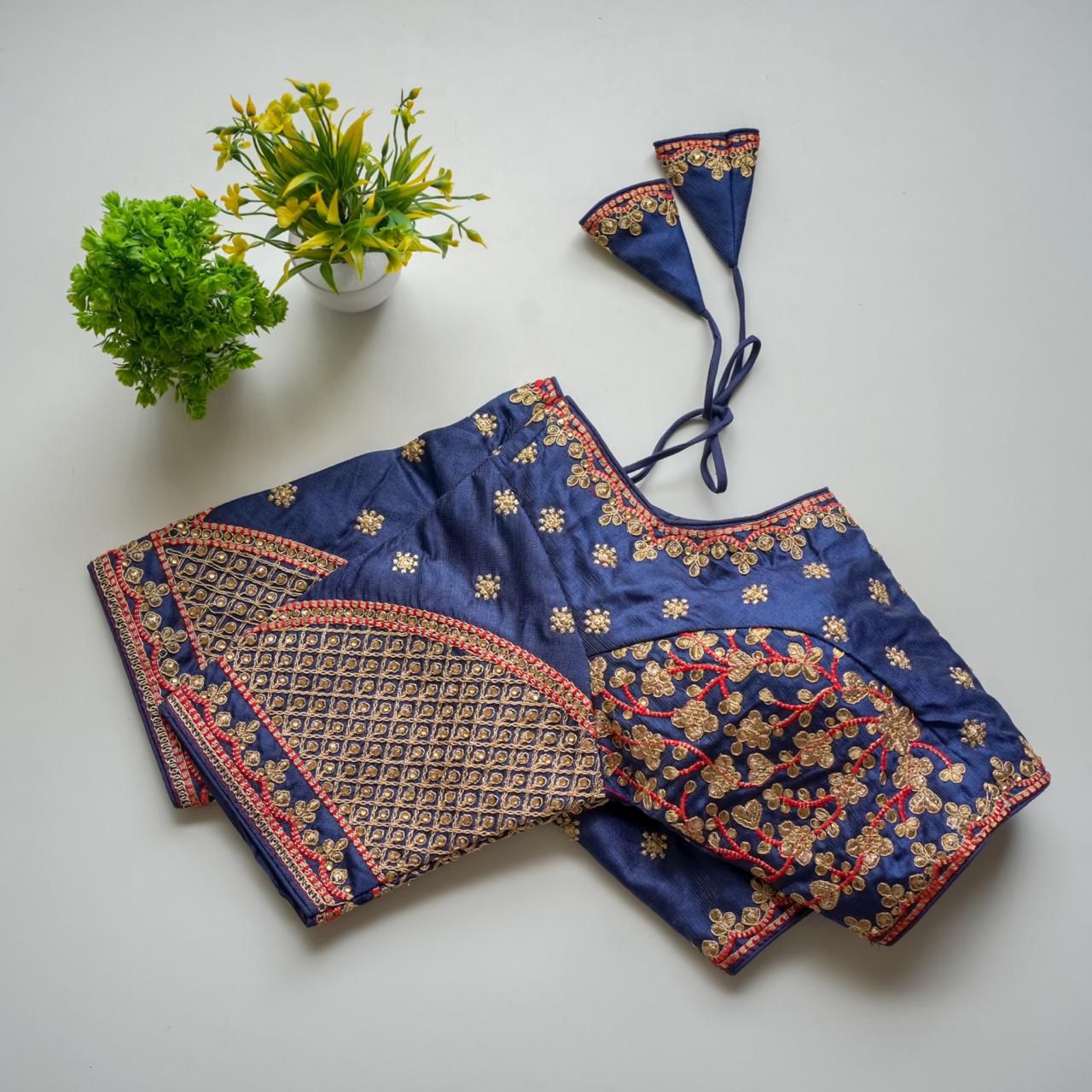 Blue Mulmul Silk Blouse with Golden Embroidery and Sequins