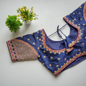 Blue Mulmul Silk Blouse with Golden Embroidery and Sequins