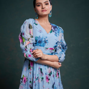 Blue Organza Dress with Stylish Prints – Ready to Wear