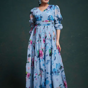 Blue Organza Dress with Stylish Prints – Ready to Wear