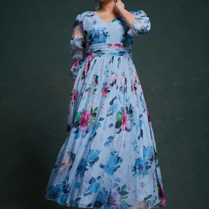 Blue Organza Dress with Stylish Prints – Ready to Wear